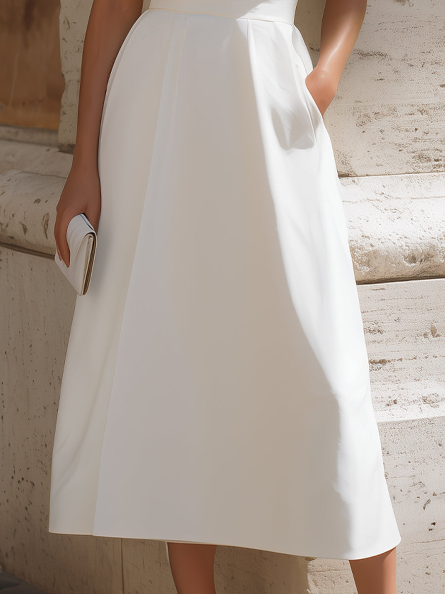 Muse & Valeur | Asymmetric One-Shoulder Short-Sleeve Fit-and-Flare Midi Dress