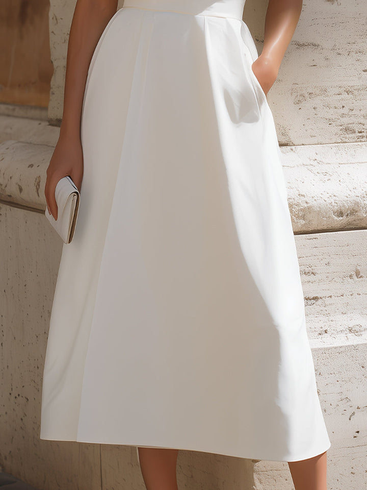 Muse & Valeur | Asymmetric One-Shoulder Short-Sleeve Fit-and-Flare Midi Dress