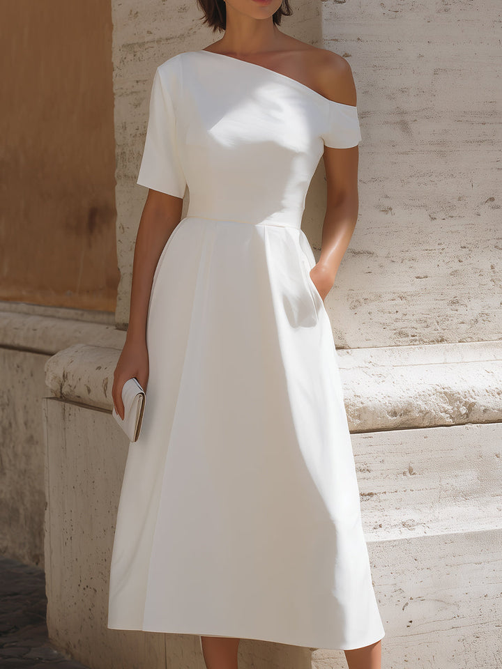 Muse & Valeur | Asymmetric One-Shoulder Short-Sleeve Fit-and-Flare Midi Dress