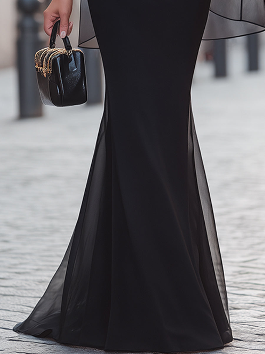 Muse & Valeur | Sheer Cape Sleeve Fishtail Maxi Evening Dress