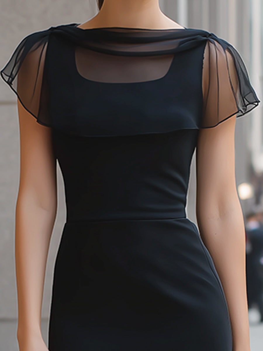 Muse & Valeur | Sheer Overlay Neckline Fishtail Hem Elegant Midi Dress