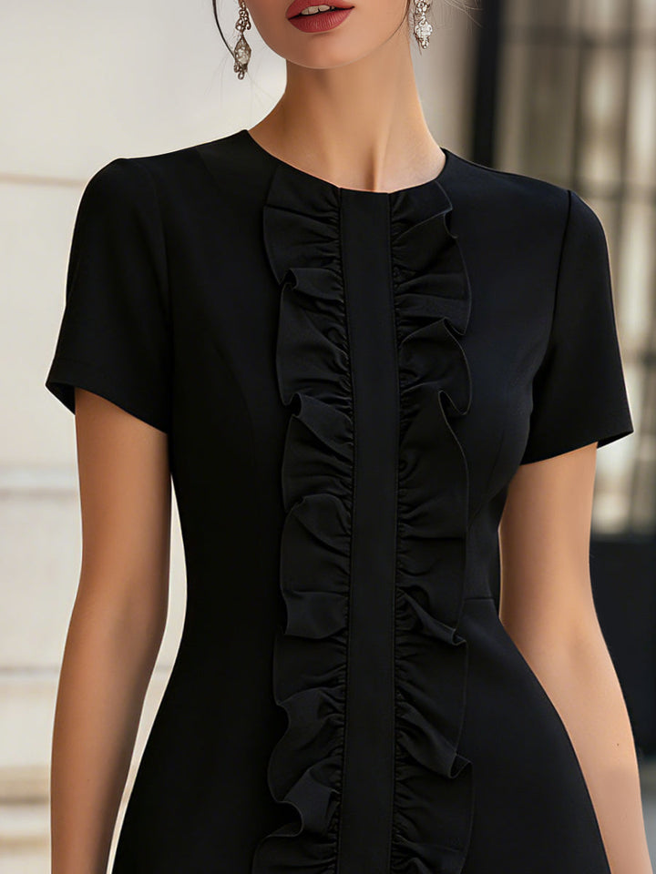 Muse & Valeur | Ruffled Front Short-Sleeve Structured Mini Dress