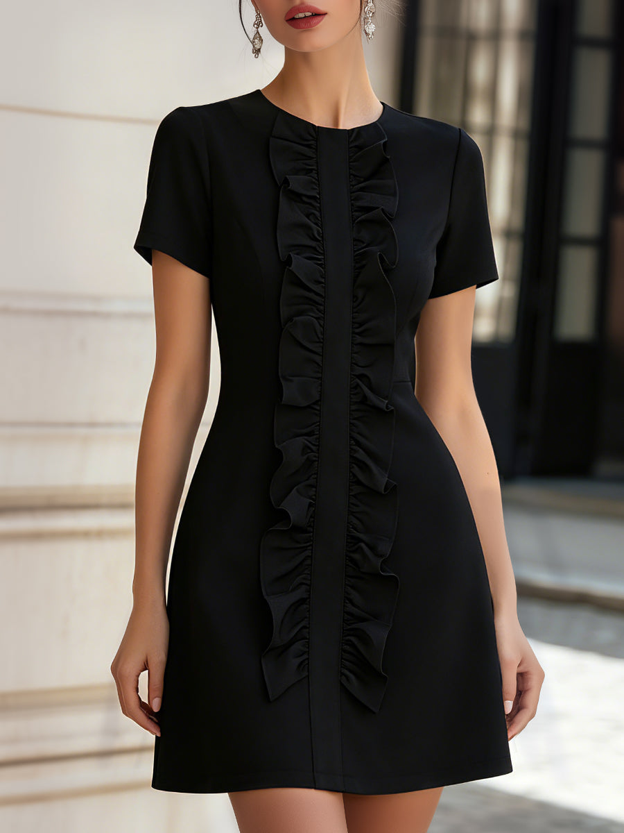 Muse & Valeur | Ruffled Front Short-Sleeve Structured Mini Dress