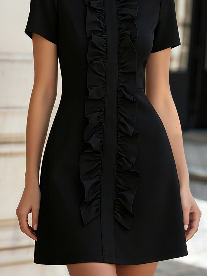 Muse & Valeur | Ruffled Front Short-Sleeve Structured Mini Dress
