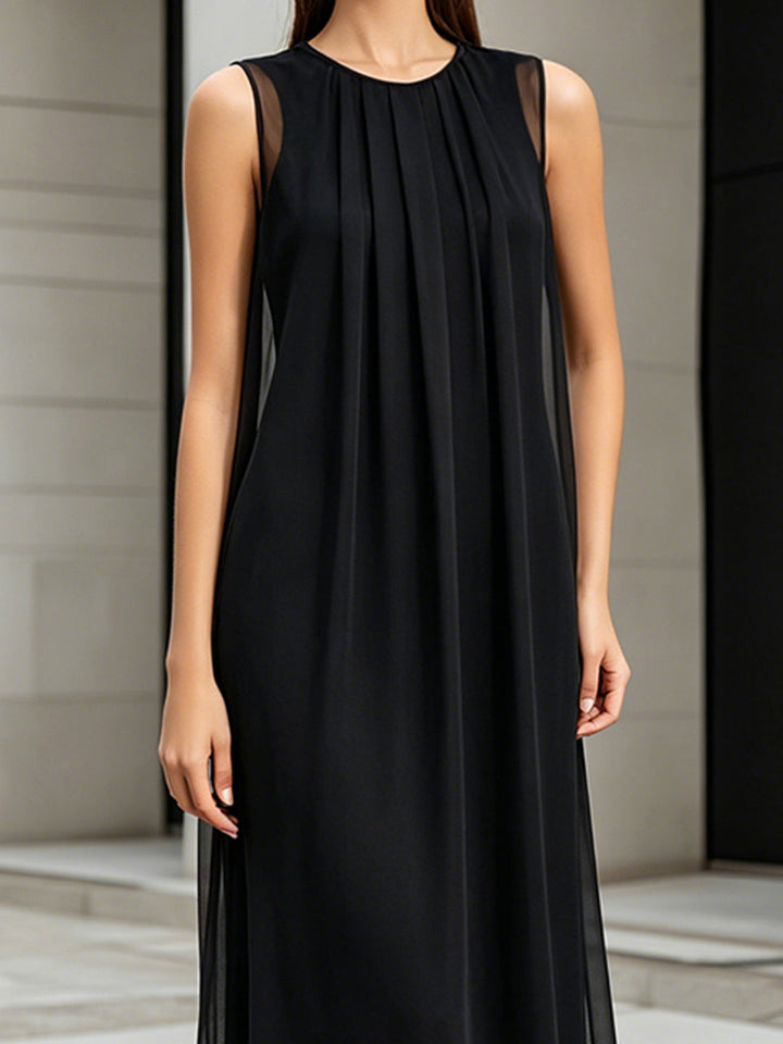 Muse & Valeur | Layered Sheer Panel Pleated Sleeveless Midi Dress
