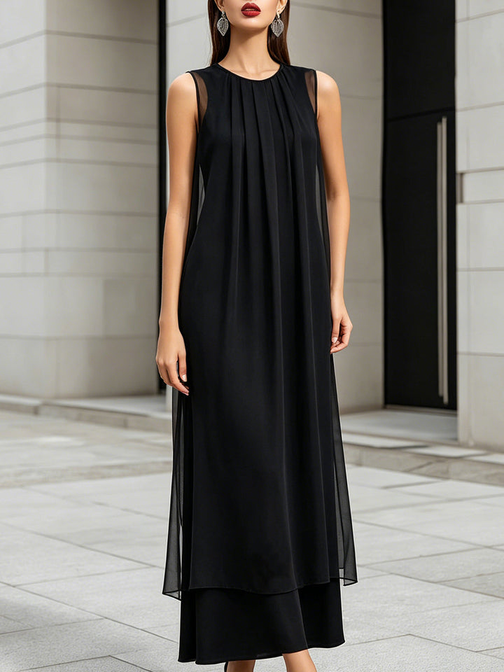 Muse & Valeur | Layered Sheer Panel Pleated Sleeveless Midi Dress