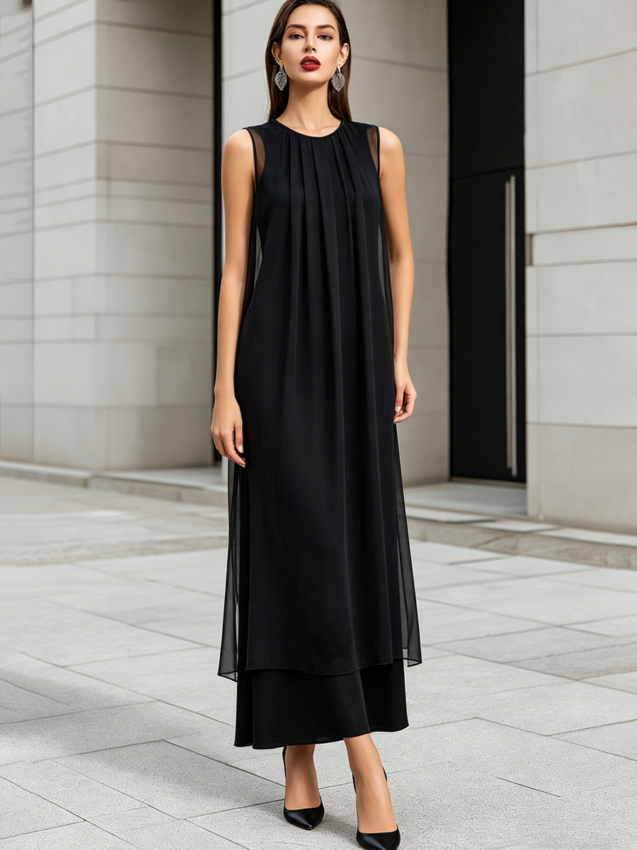 Muse & Valeur | Layered Sheer Panel Pleated Sleeveless Midi Dress