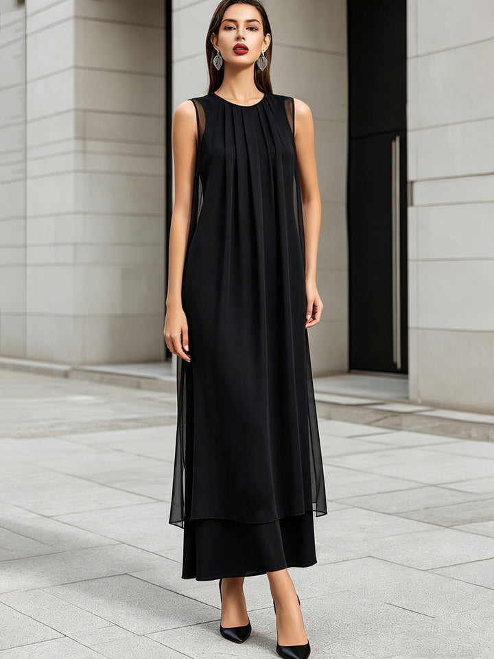 Muse & Valeur | Layered Sheer Panel Pleated Sleeveless Midi Dress