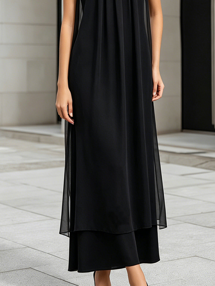 Muse & Valeur | Layered Sheer Panel Pleated Sleeveless Midi Dress