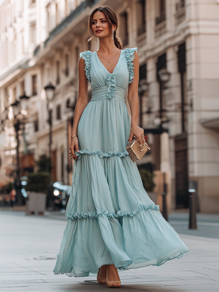 Muse & Valeur | Ruffled V-Neck Sleeveless Tiered Maxi Dress With Flowing Silhouette