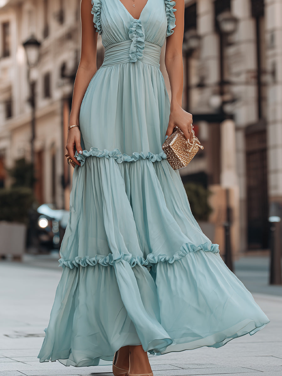 Muse & Valeur | Ruffled V-Neck Sleeveless Tiered Maxi Dress With Flowing Silhouette