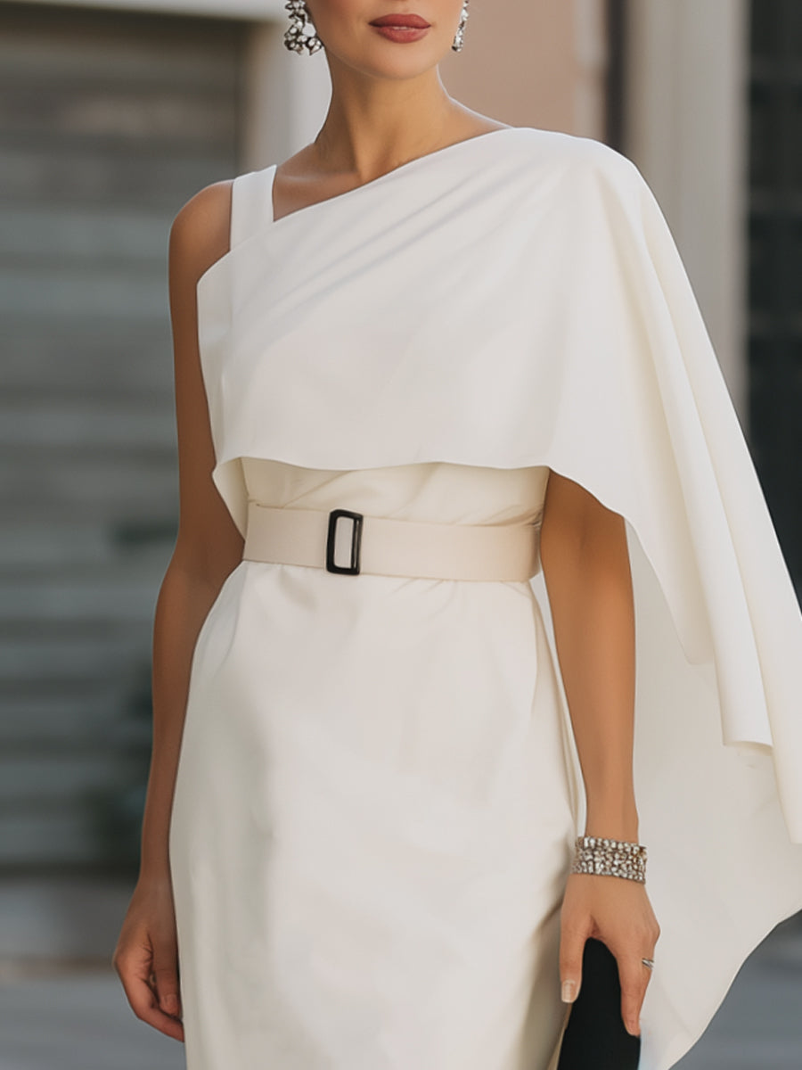 Muse & Valeur | Asymmetric Cape-Style One-Shoulder Belted Midi Dress