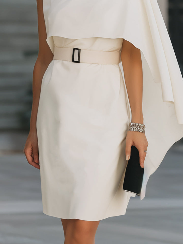 Muse & Valeur | Asymmetric Cape-Style One-Shoulder Belted Midi Dress
