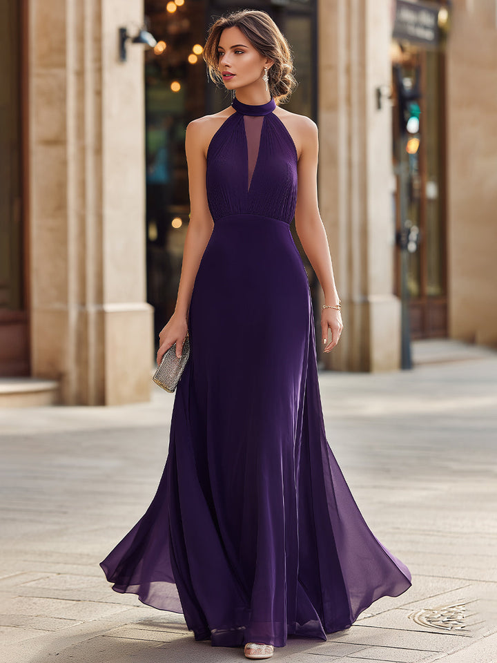 Muse & Valeur | Pleated Halter Neck Maxi Dress With Sheer Panel And Flowing Silhouette