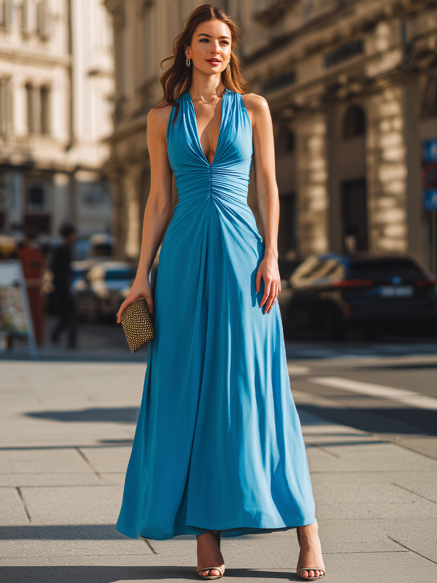 Muse & Valeur | Ruched Deep V-Neck Sleeveless Maxi Dress With Flowing A-Line Silhouette