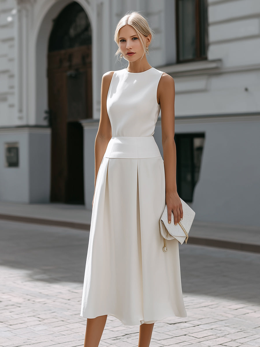 Muse & Valeur | Sleeveless Round Neck Midi Dress With Structured Waistband And Pleated Skirt