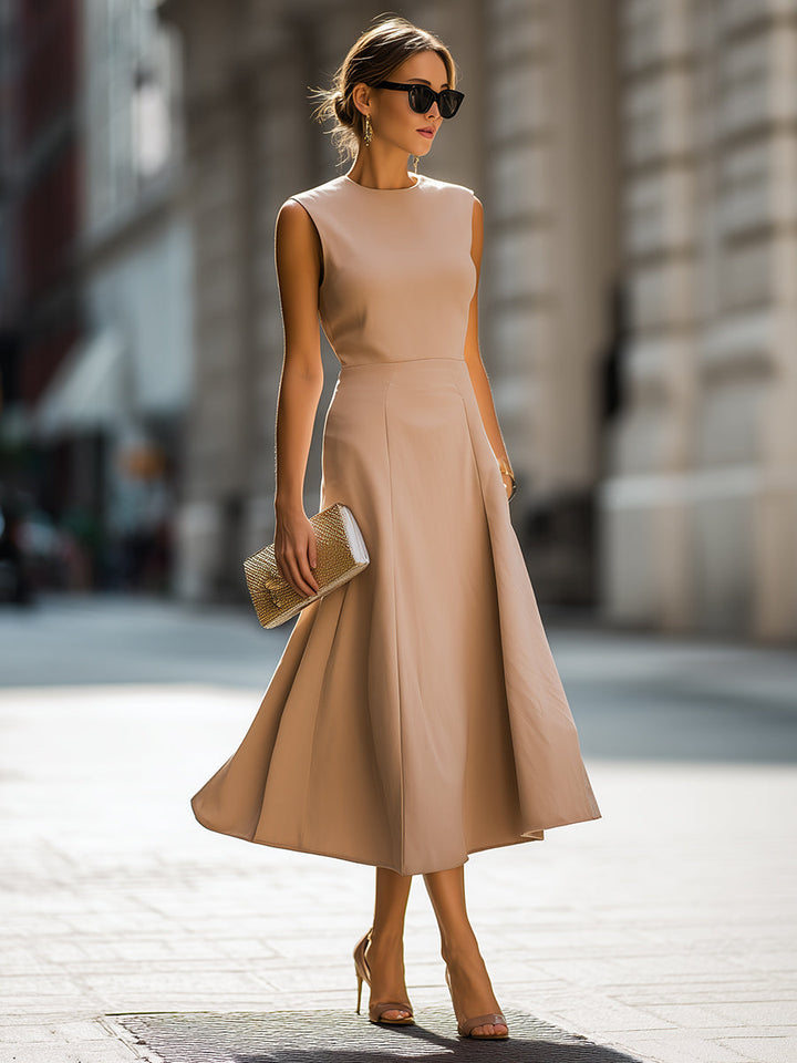 Muse & Valeur | Sleeveless Round Neck A-Line Midi Dress With Sculpted Panel Construction