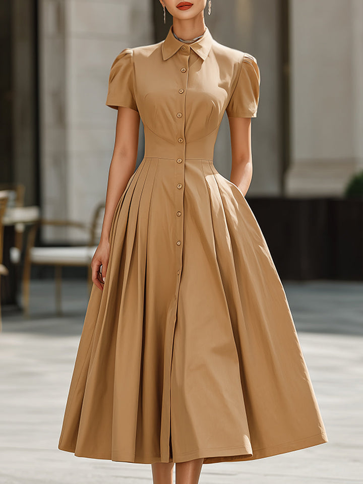 Muse & Valeur | Button-Front Pleated Shirt Collar Maxi Dress