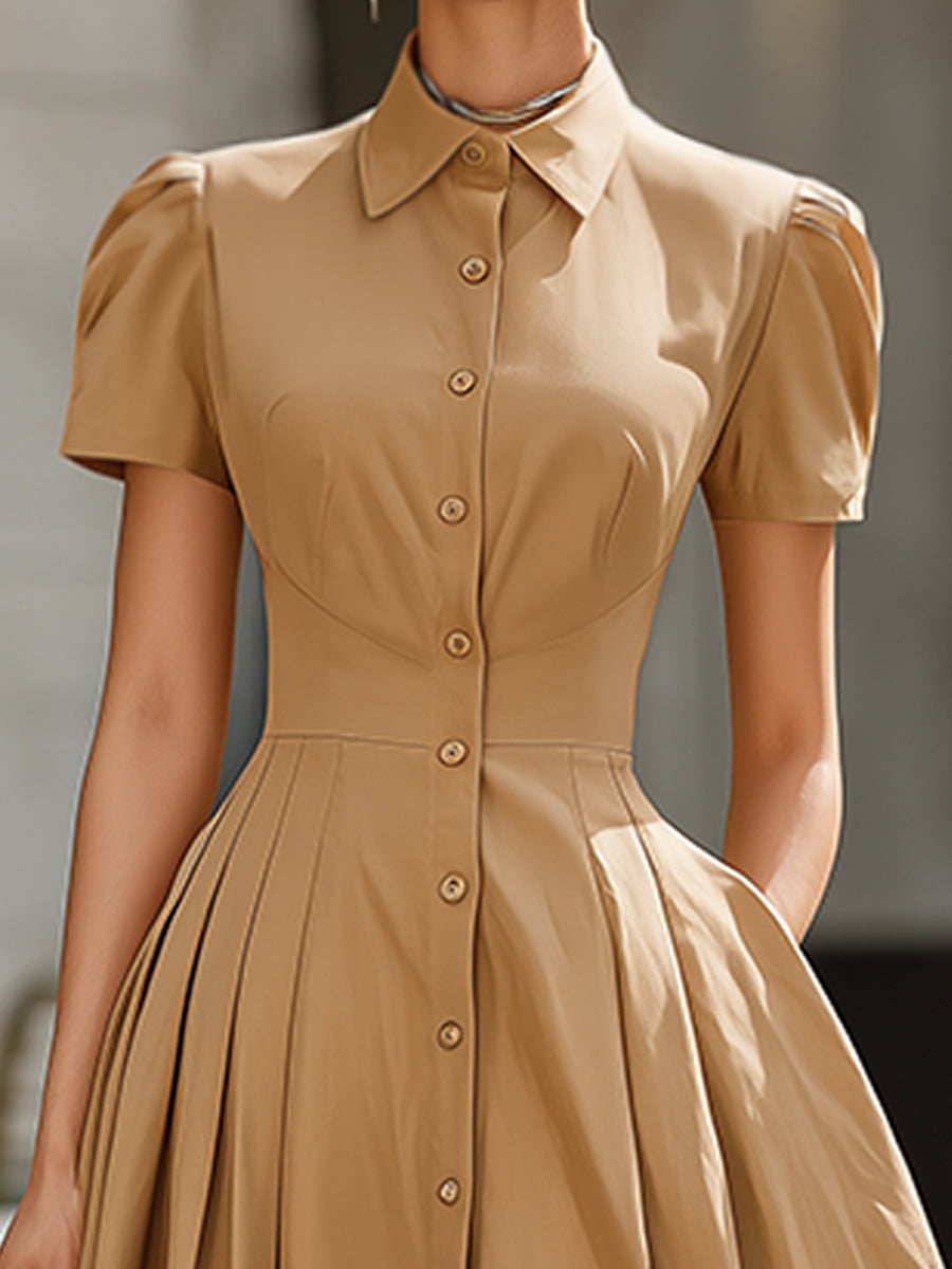 Muse & Valeur | Button-Front Pleated Shirt Collar Maxi Dress