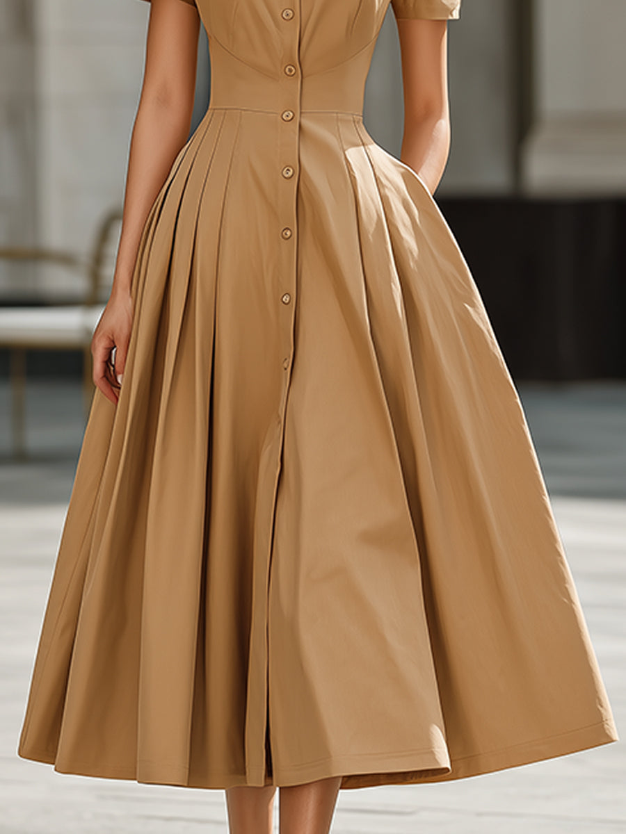 Muse & Valeur | Button-Front Pleated Shirt Collar Maxi Dress