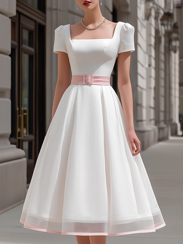 Muse & Valeur | Square Neck Puff Sleeve A-Line Midi Dress With Waist Belt