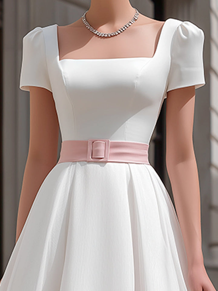 Muse & Valeur | Square Neck Puff Sleeve A-Line Midi Dress With Waist Belt