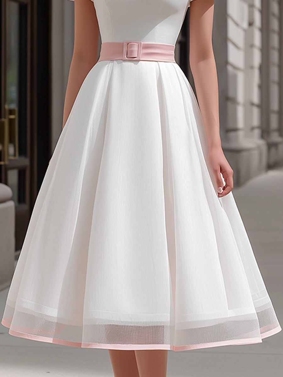 Muse & Valeur | Square Neck Puff Sleeve A-Line Midi Dress With Waist Belt