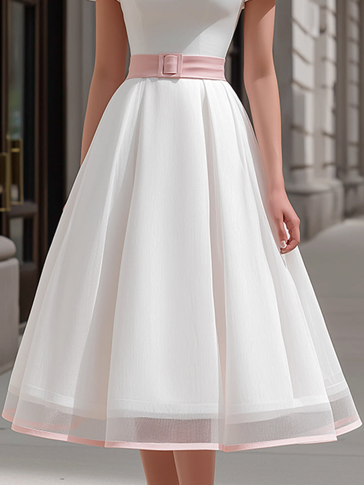 Muse & Valeur | Square Neck Puff Sleeve A-Line Midi Dress With Waist Belt