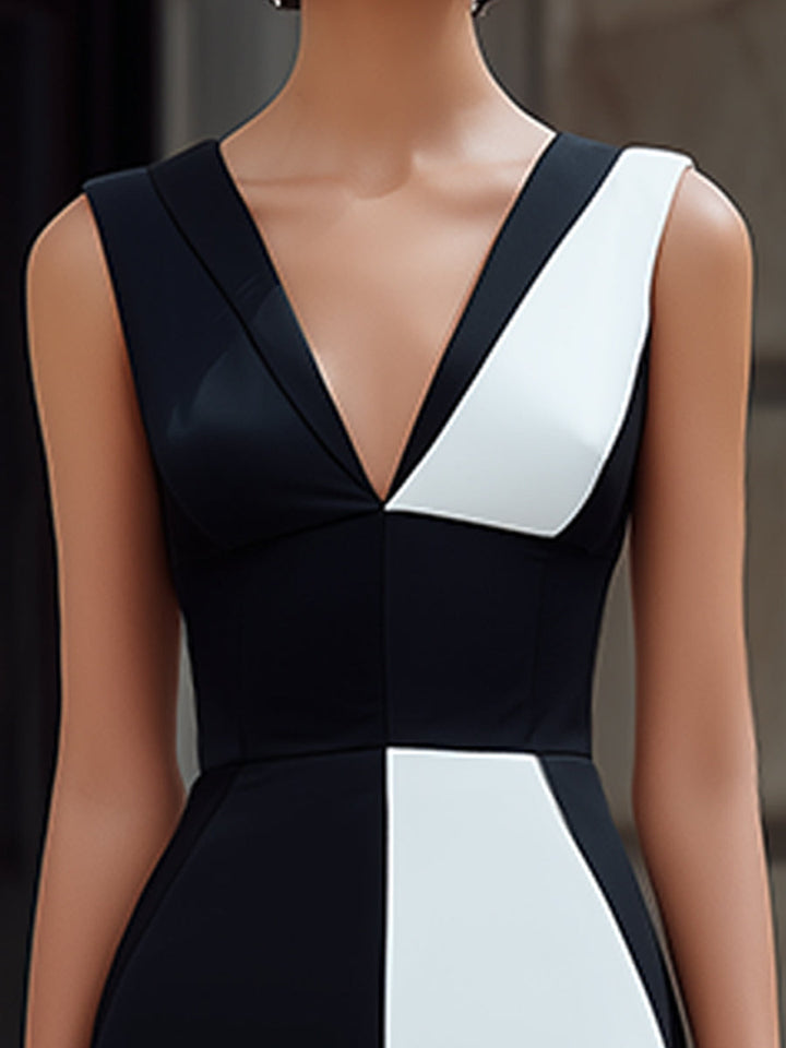 Muse & Valeur | Colorblock V-Neck Sleeveless Pencil Midi Dress