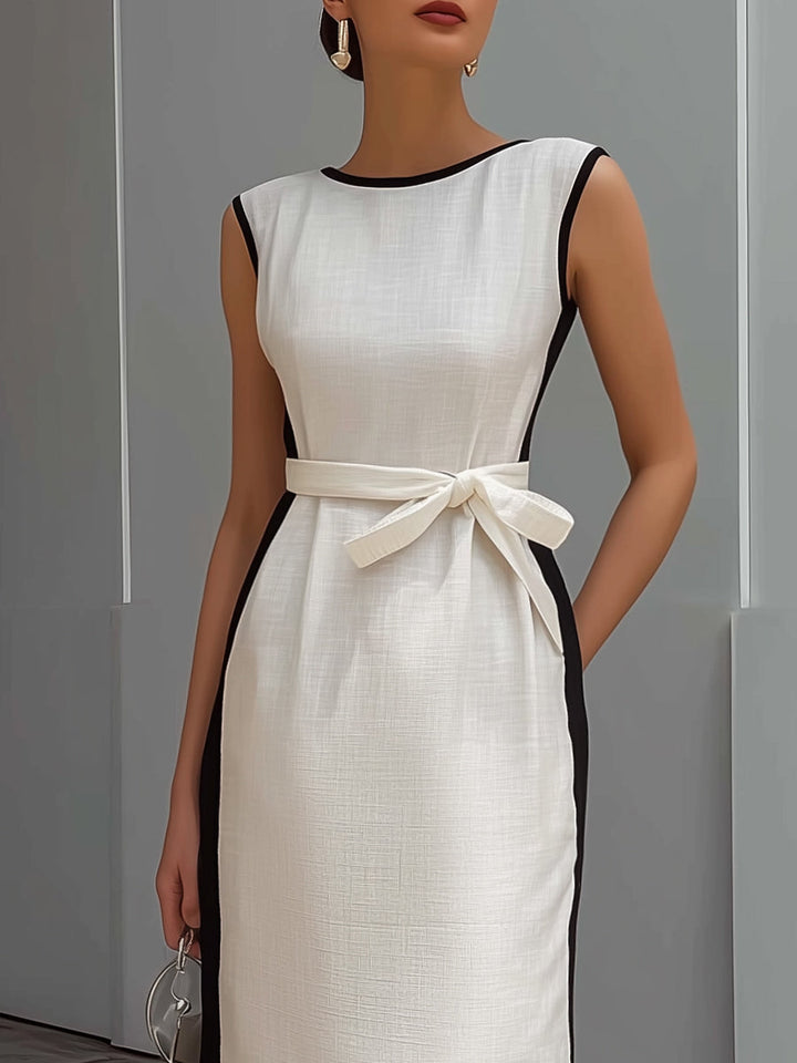 Muse & Valeur | Sleeveless Contrast Trim Belted Linen Blend Maxi Dress