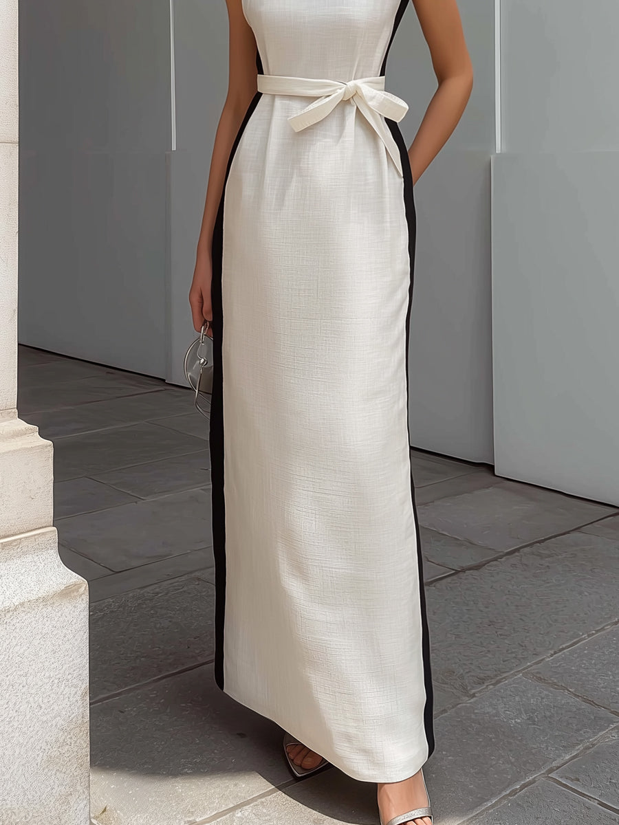 Muse & Valeur | Sleeveless Contrast Trim Belted Linen Blend Maxi Dress