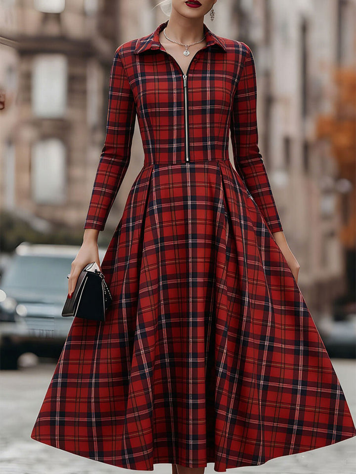 Muse & Valeur | Elegant Long Sleeve Plaid Dress - Perfect Blend Of Classic And Contemporary