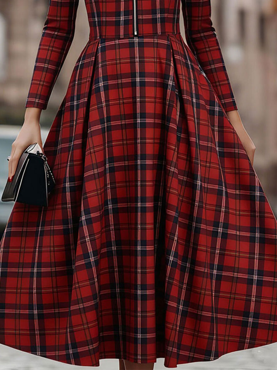 Muse & Valeur | Elegant Long Sleeve Plaid Dress - Perfect Blend Of Classic And Contemporary