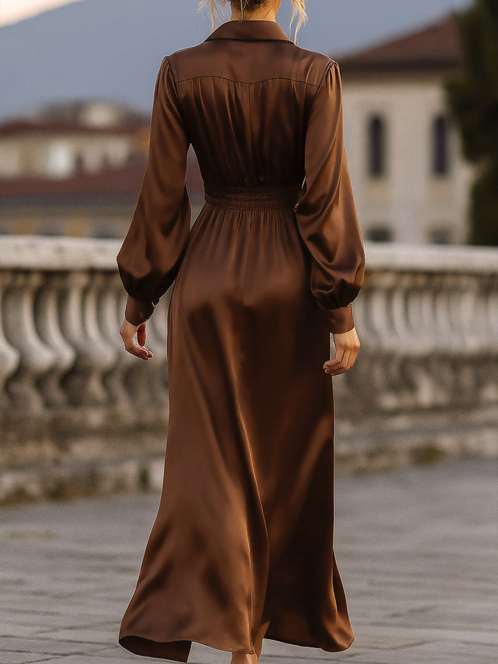 Muse & Valeur | Satin Cinched Waist Maxi Dress In Mocha Brown
