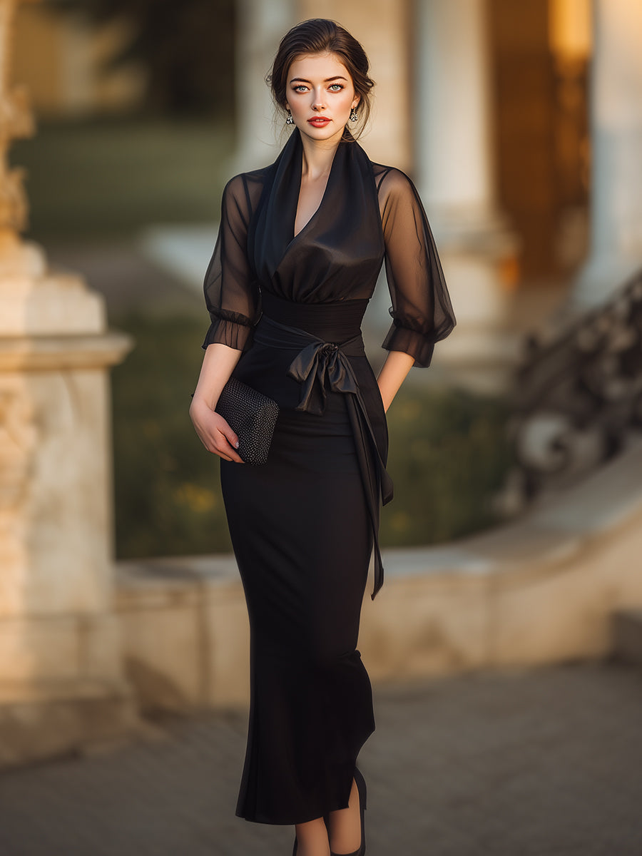 Muse & Valeur | Sheer-Drape Waist-Tie Evening Dress