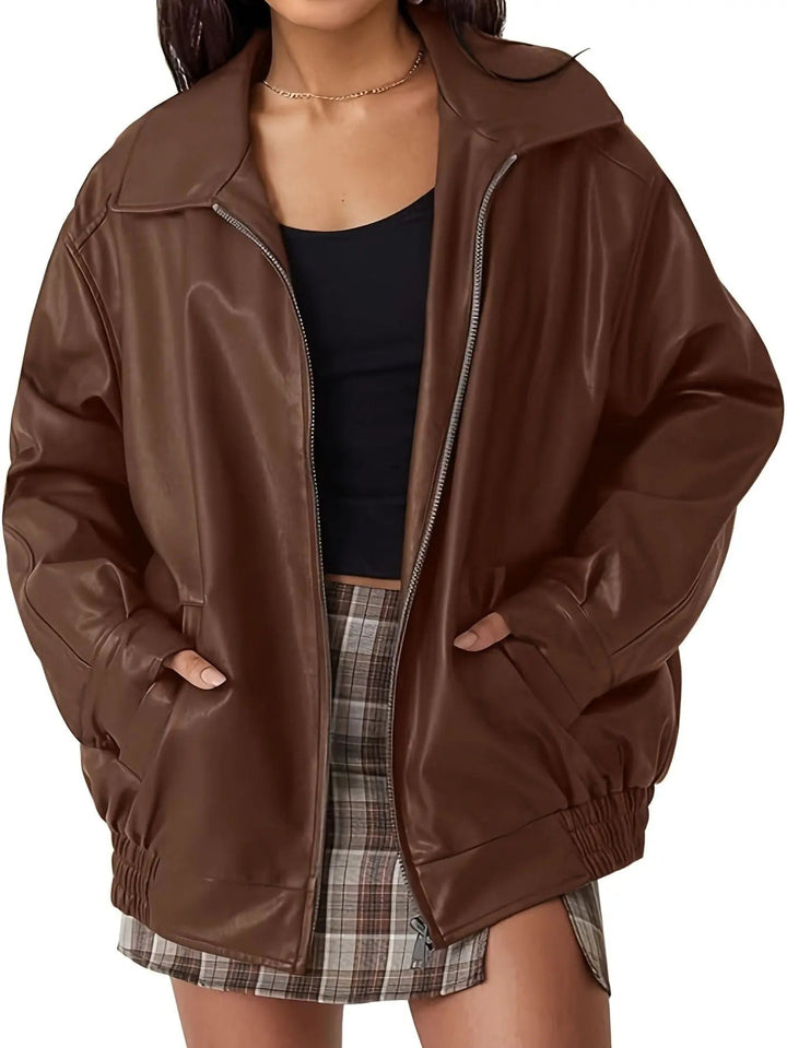 Muse and Valeur | Women's Classic Oversized Leather Bomber Jacket