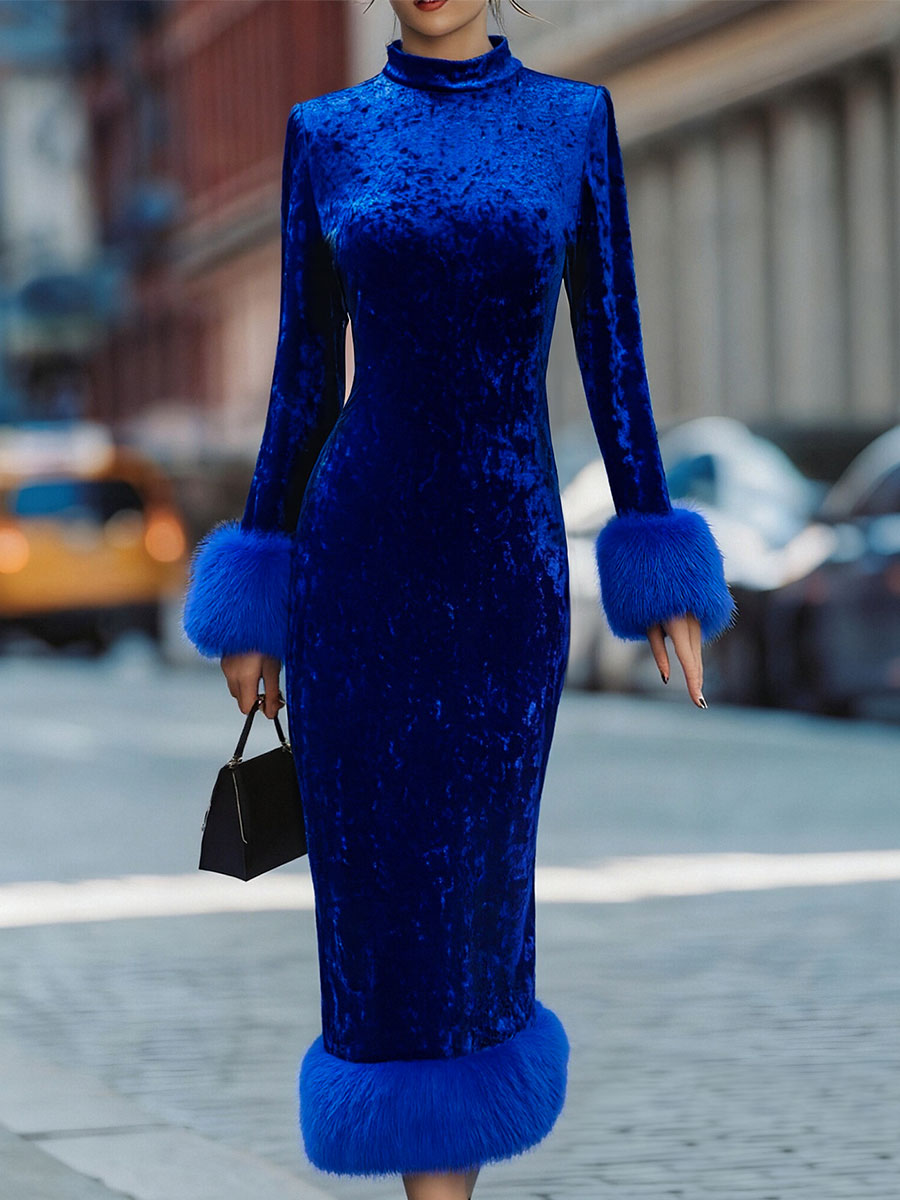 Muse & Valeur | Glamorous Royal Blue Velvet Dress With Feather Trims