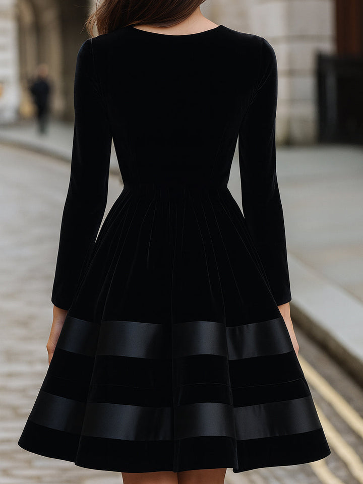 Muse & Valeur | Black Velvet Fit-and-Flare Dress With Satin Stripes