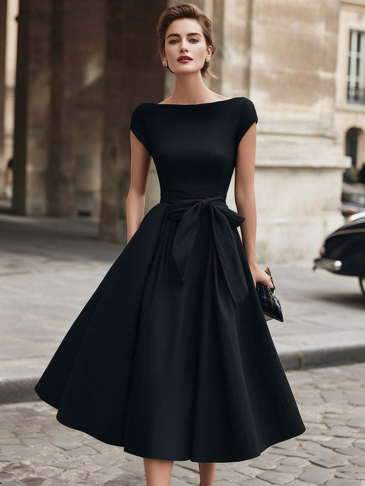 Muse & Valeur | Cap-Sleeve Bow-Waist Midi Dress