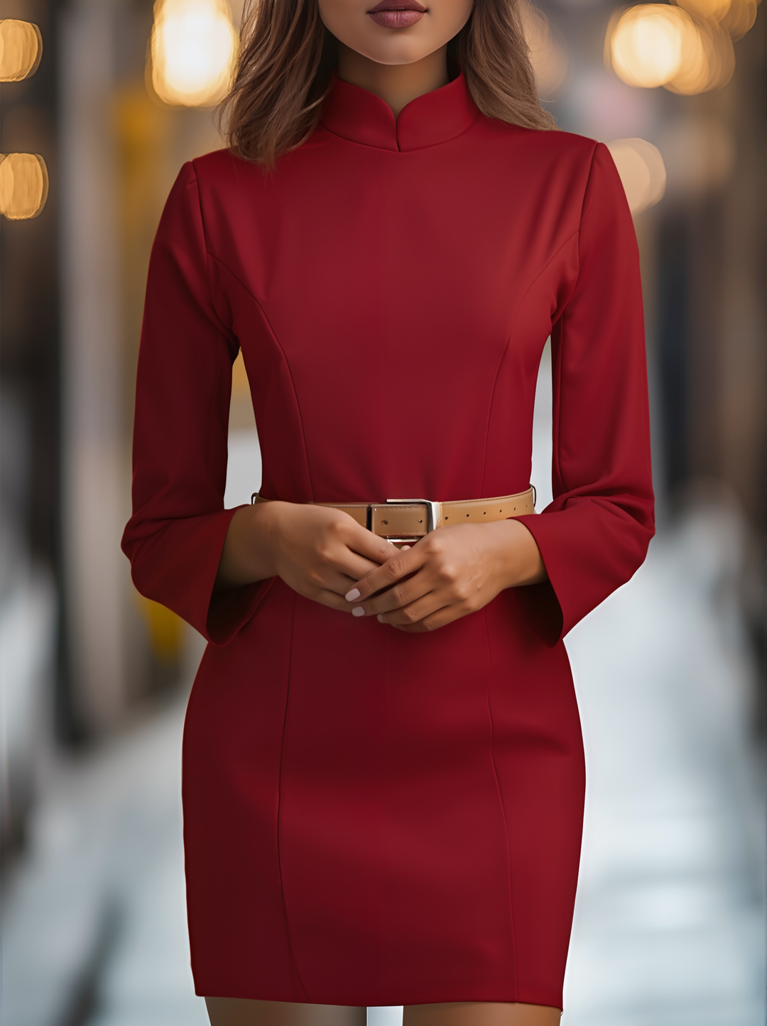 Muse & Valeur | Elegant White Mandarin Collar Dress with Belt Design