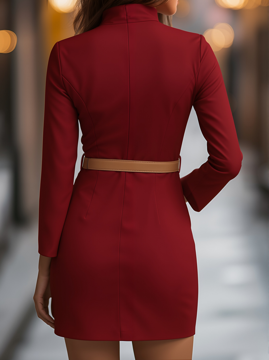 Muse & Valeur | Elegant White Mandarin Collar Dress with Belt Design