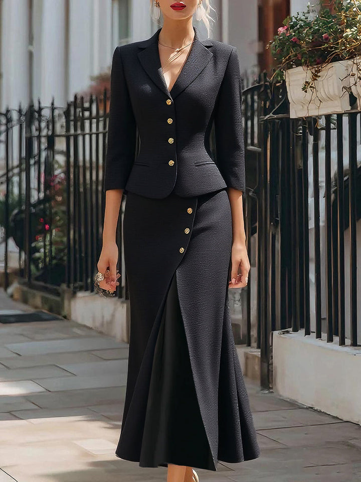 Muse & Valeur | Elegant Textured Buttoned Blazer & Midi Skirt Set