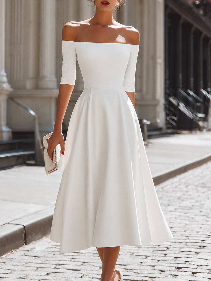Muse & Valeur | Off-Shoulder Fitted Bodice A-Line Midi Dress