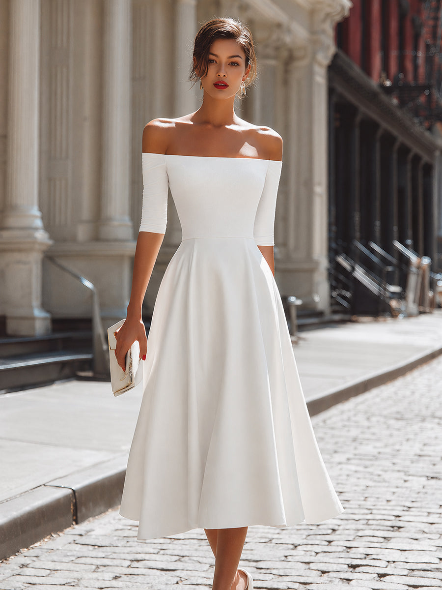 Muse & Valeur | Off-Shoulder Fitted Bodice A-Line Midi Dress