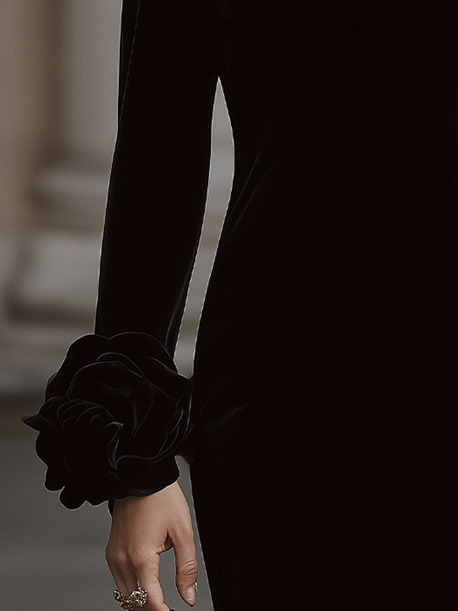 Muse & Valeur | Elegant Velvet Mini Dress With Embellished Neckline And Floral Cuff Detail