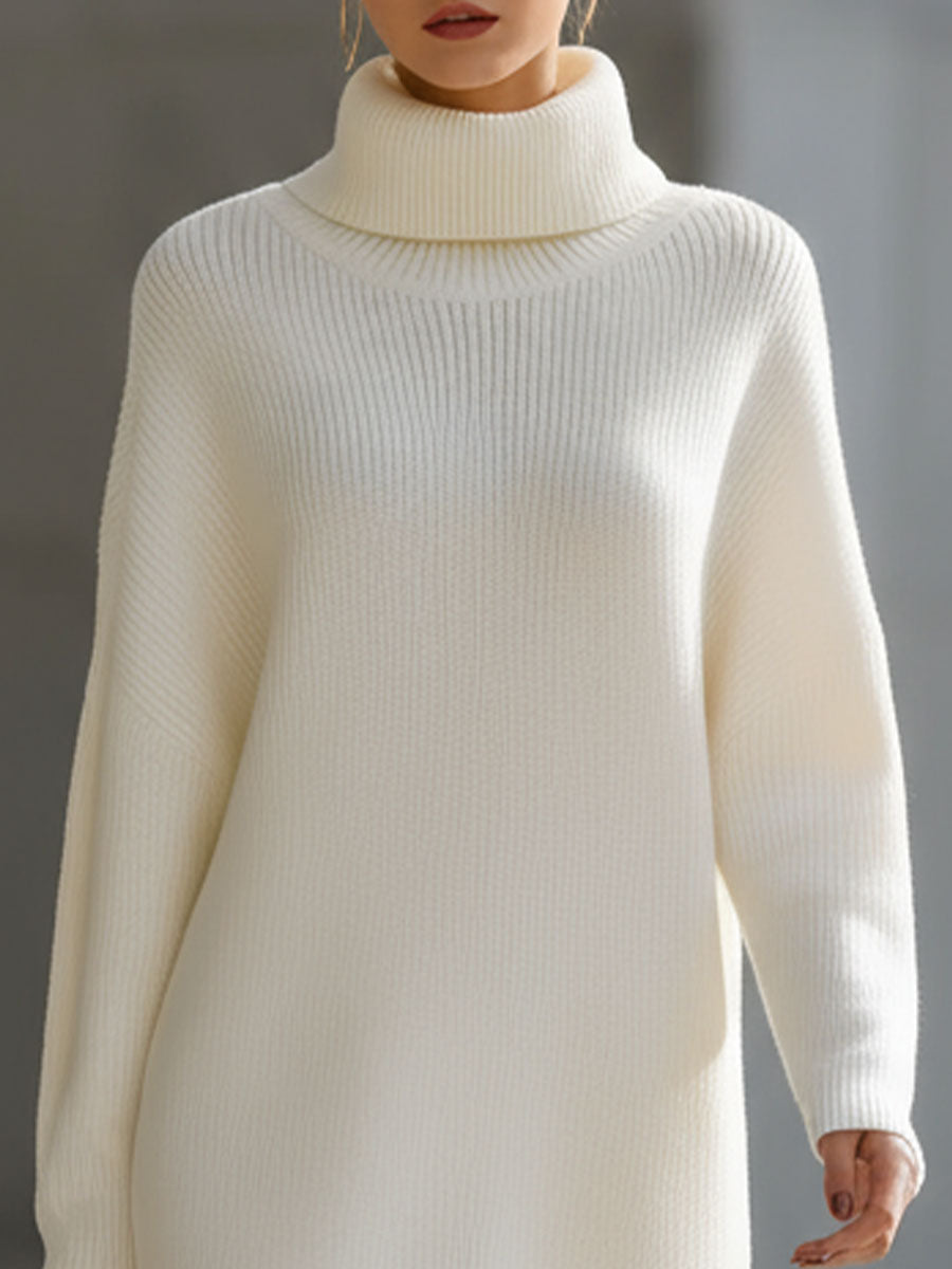 Muse & Valeur | Elegant Cream Turtleneck Ribbed Knit Sweater Dress