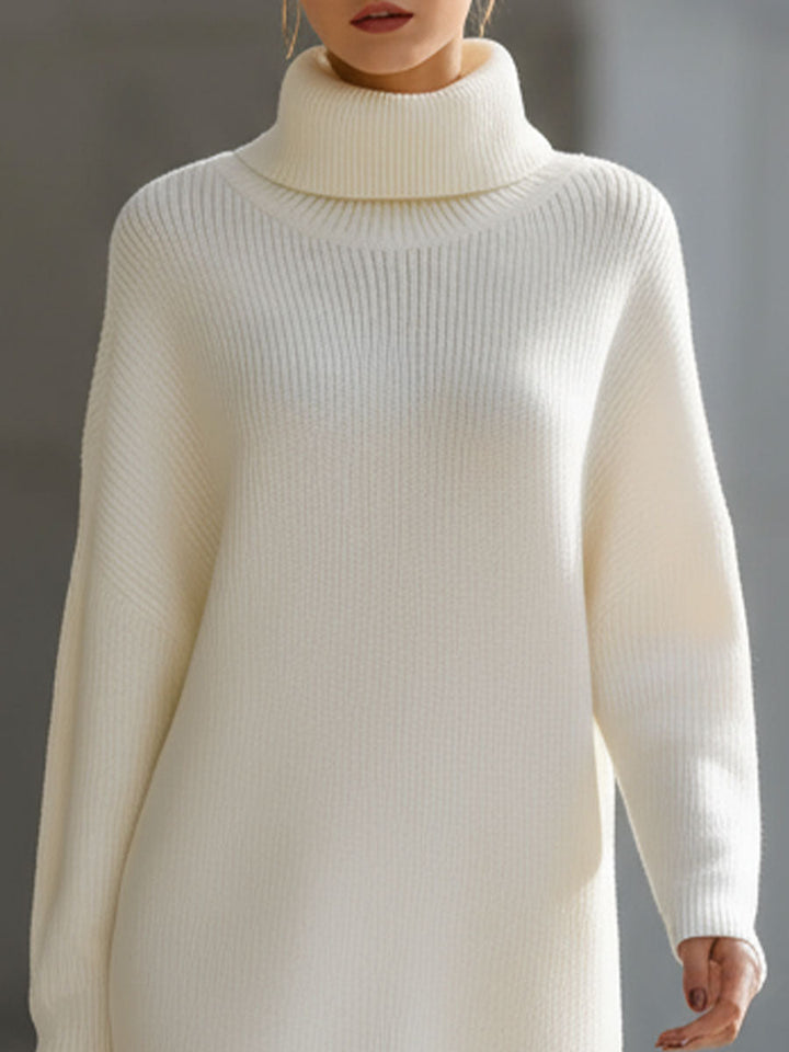 Muse & Valeur | Elegant Cream Turtleneck Ribbed Knit Sweater Dress