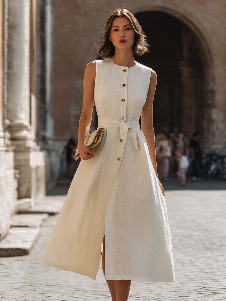 Muse & Valeur | Sleeveless Button-Front Wrap-Style Midi Dress With Tie Waist