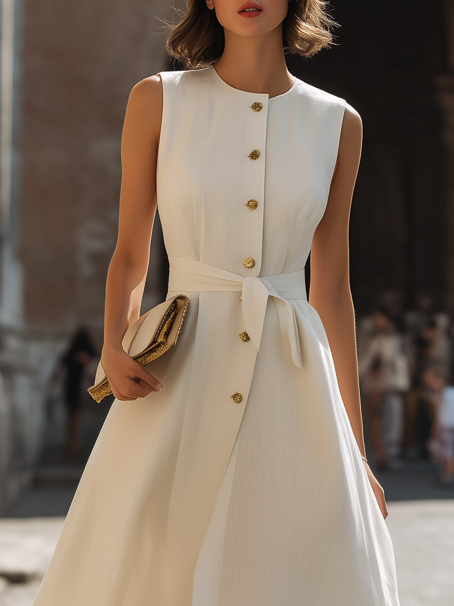 Muse & Valeur | Sleeveless Button-Front Wrap-Style Midi Dress With Tie Waist