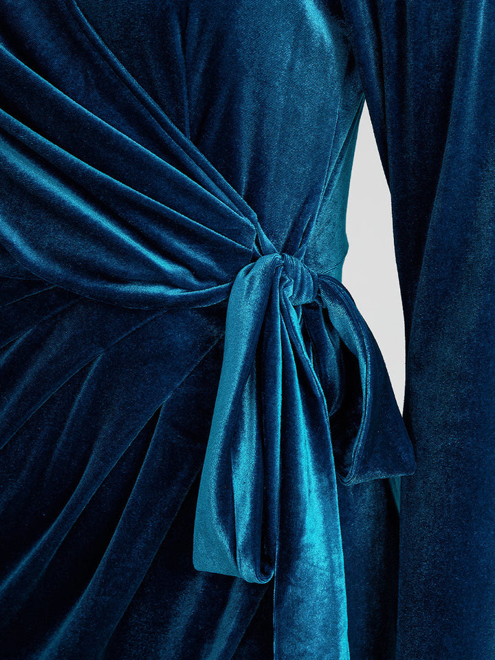 Muse & Valeur | Elegant Midnight Blue Velvet Wrap Midi Dress